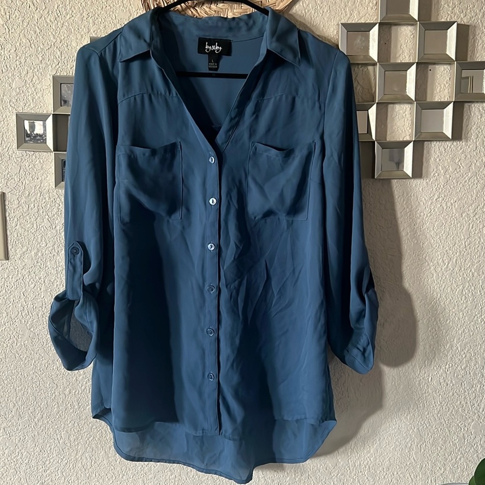 by & by blouse dark teal button up size Large